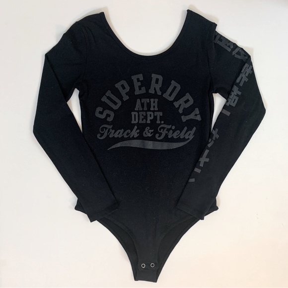 New Womens Black + Silver SuperDry Track + Field Long Sleeve Bodysuit Size M 🖤 - Picture 1 of 5